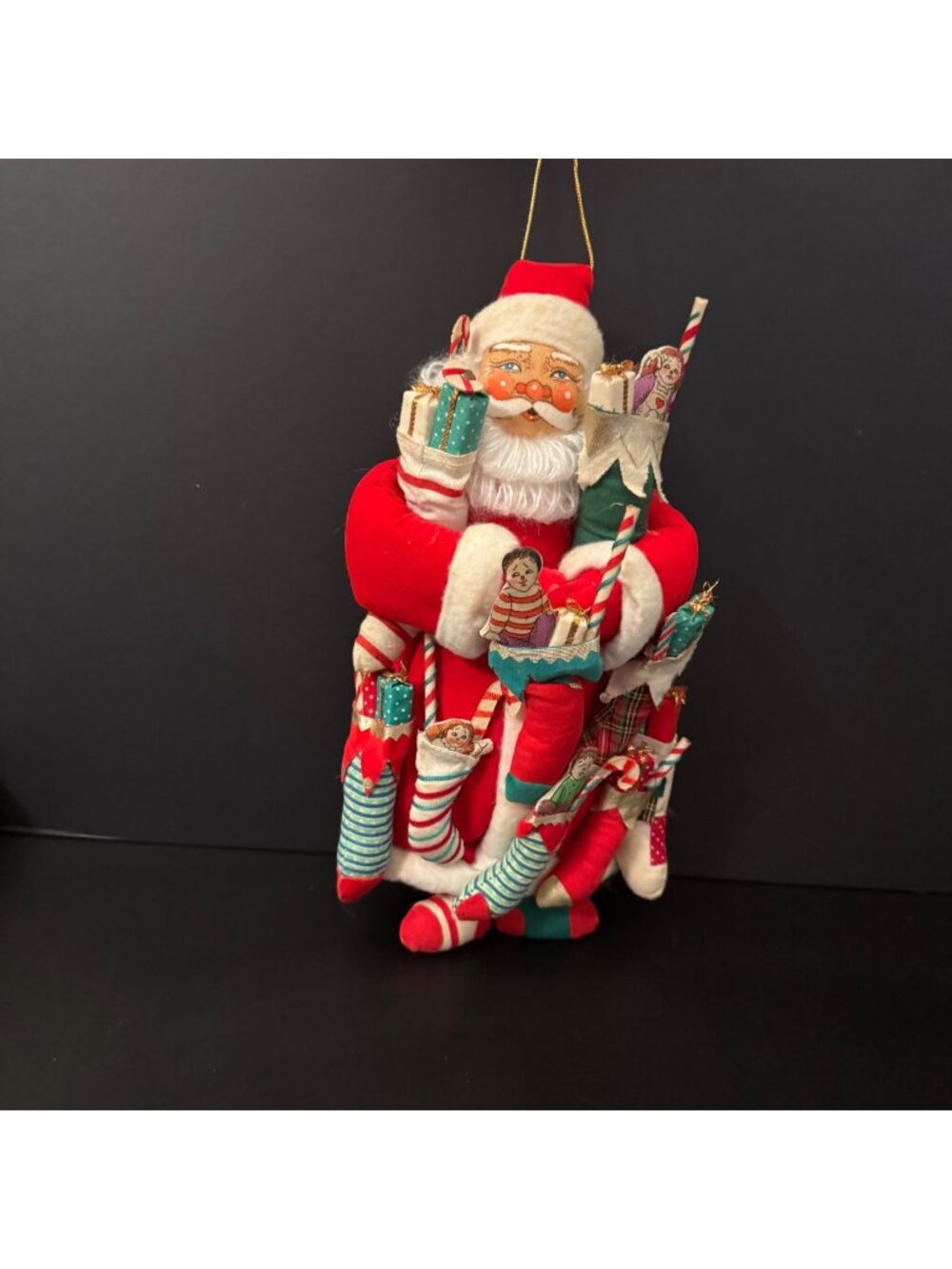 Santa Claus 12in Doll Holding 9 Christmas Stockings VTG Stuffed Fabric Cloth Dec